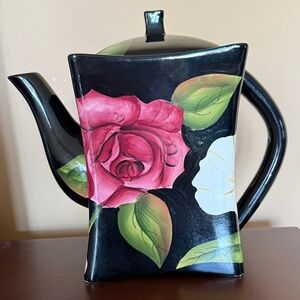 Hand-painted Black Ceramic Floral Teapot by Pacific Rim